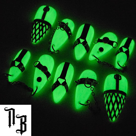 Bondage/S&M Press on nails, glow in the dark base