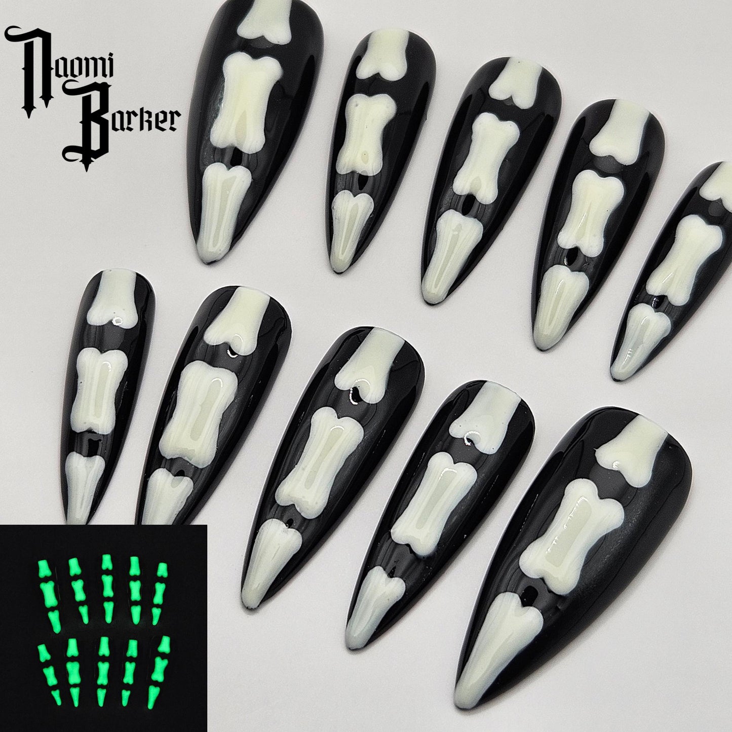 Glow in the Dark Skeleton Finger Bones. Choose Nail Shape and Length