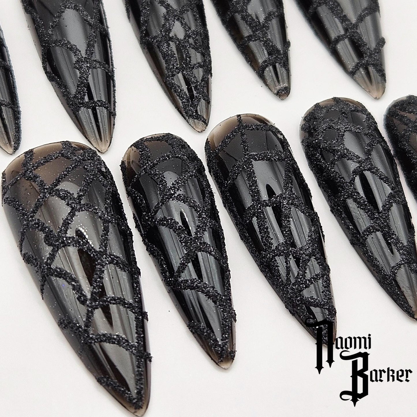 Glitter spiderweb on jelly black. Choose nail shape and length.