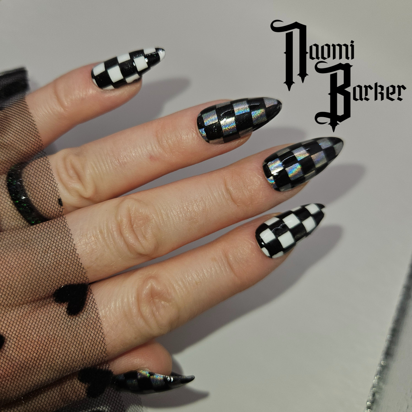 Holographic checkerboard Press on Nails. Choose Shape and Length