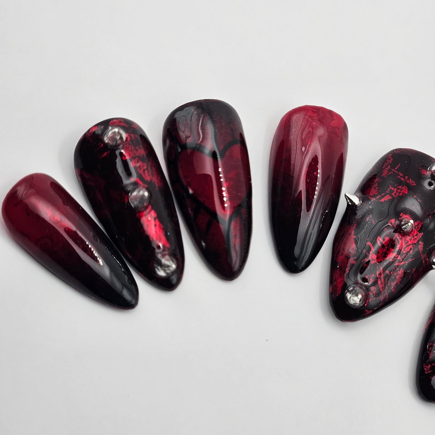 Red and Black Alt Nails With Moody Heart. Choose Nail Shape and Length