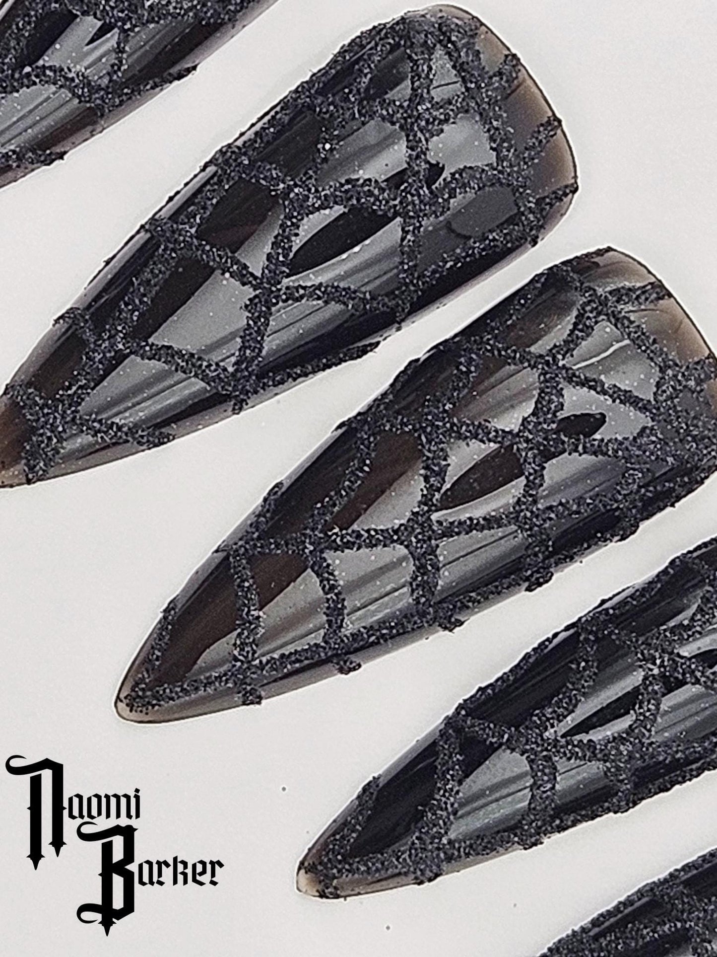 Glitter spiderweb on jelly black. Choose nail shape and length.