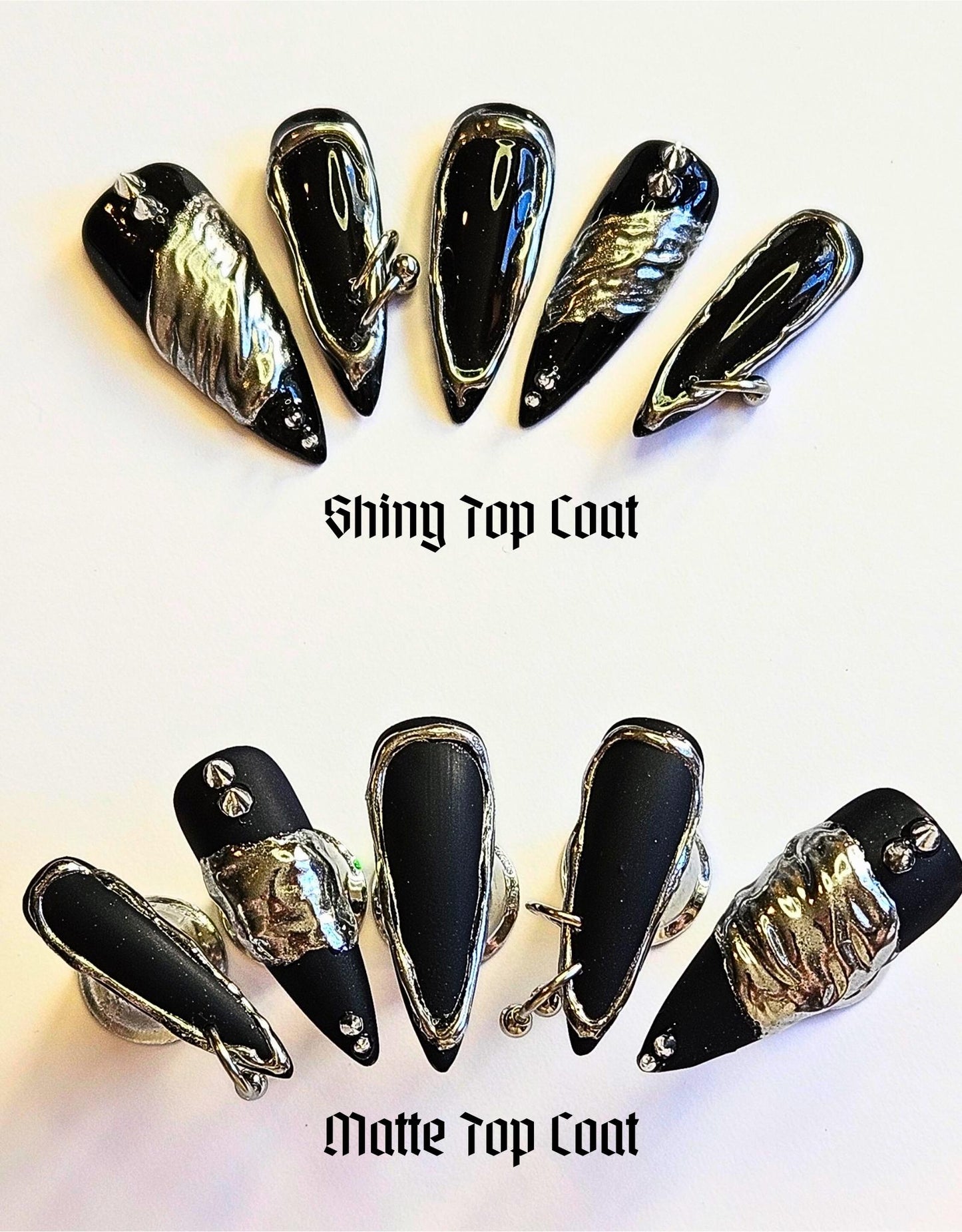 Piercings, Molten Metal, Spikes. Choose Nail Shape and Length.