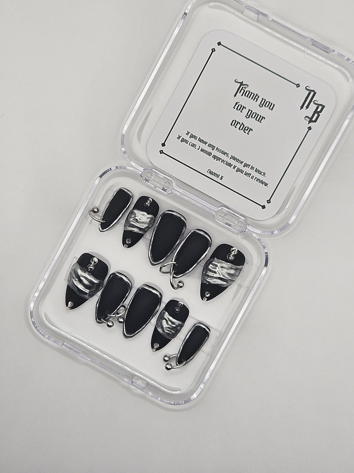 Piercings, Molten Metal, Spikes. Choose Nail Shape and Length.