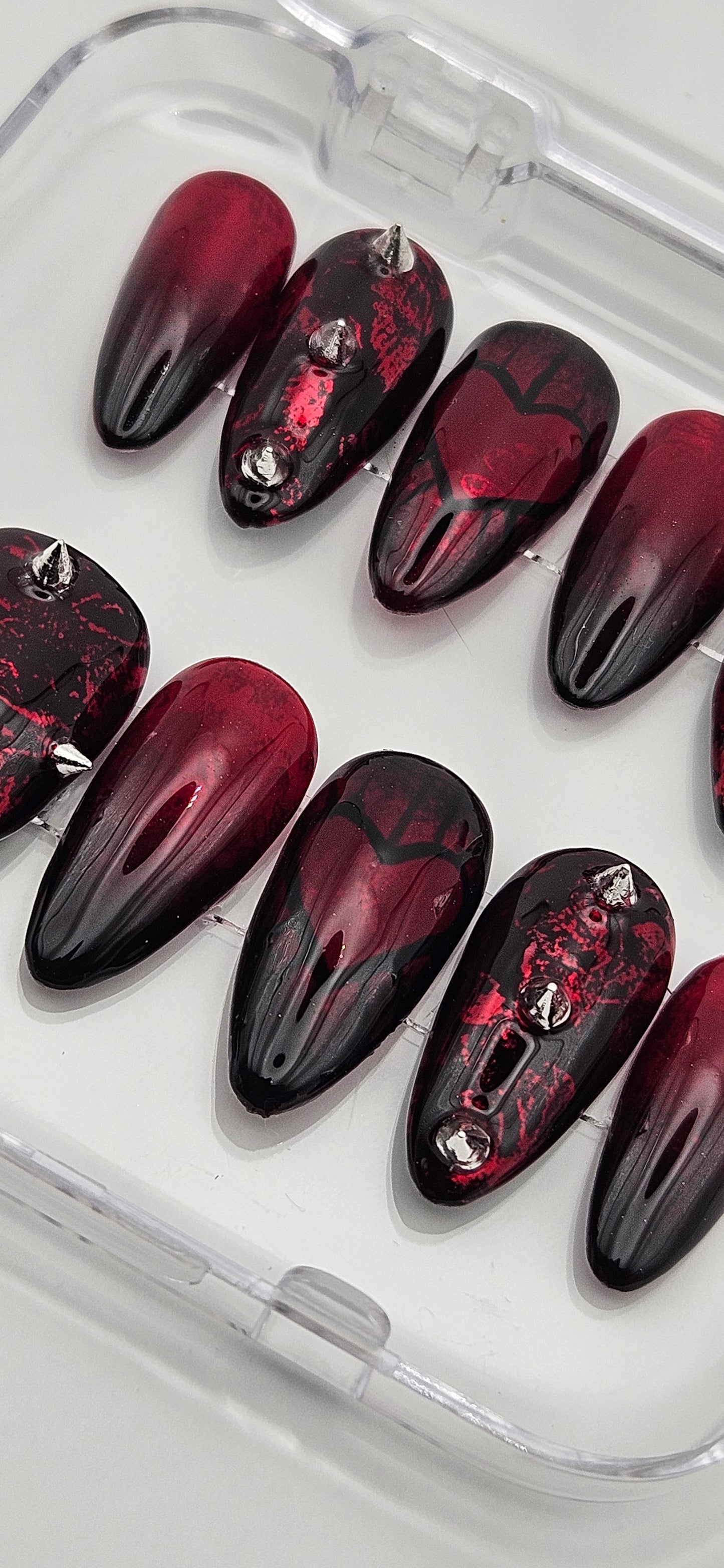 Red and Black Alt Nails With Moody Heart. Choose Nail Shape and Length