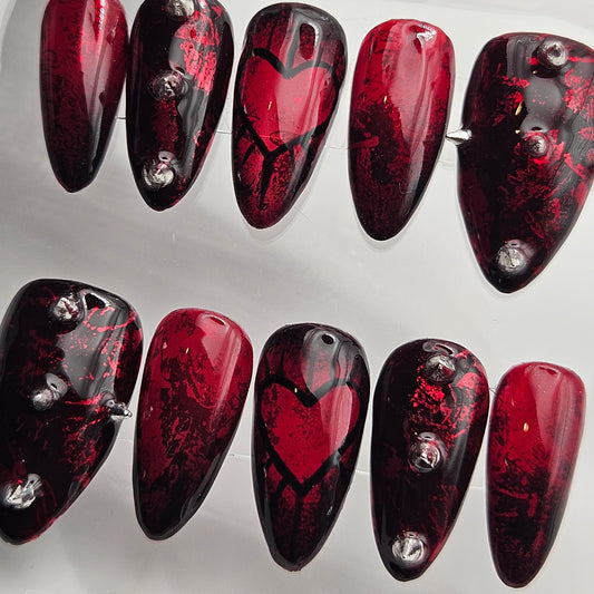 Red and Black Alt Nails With Moody Heart. Choose Nail Shape and Length
