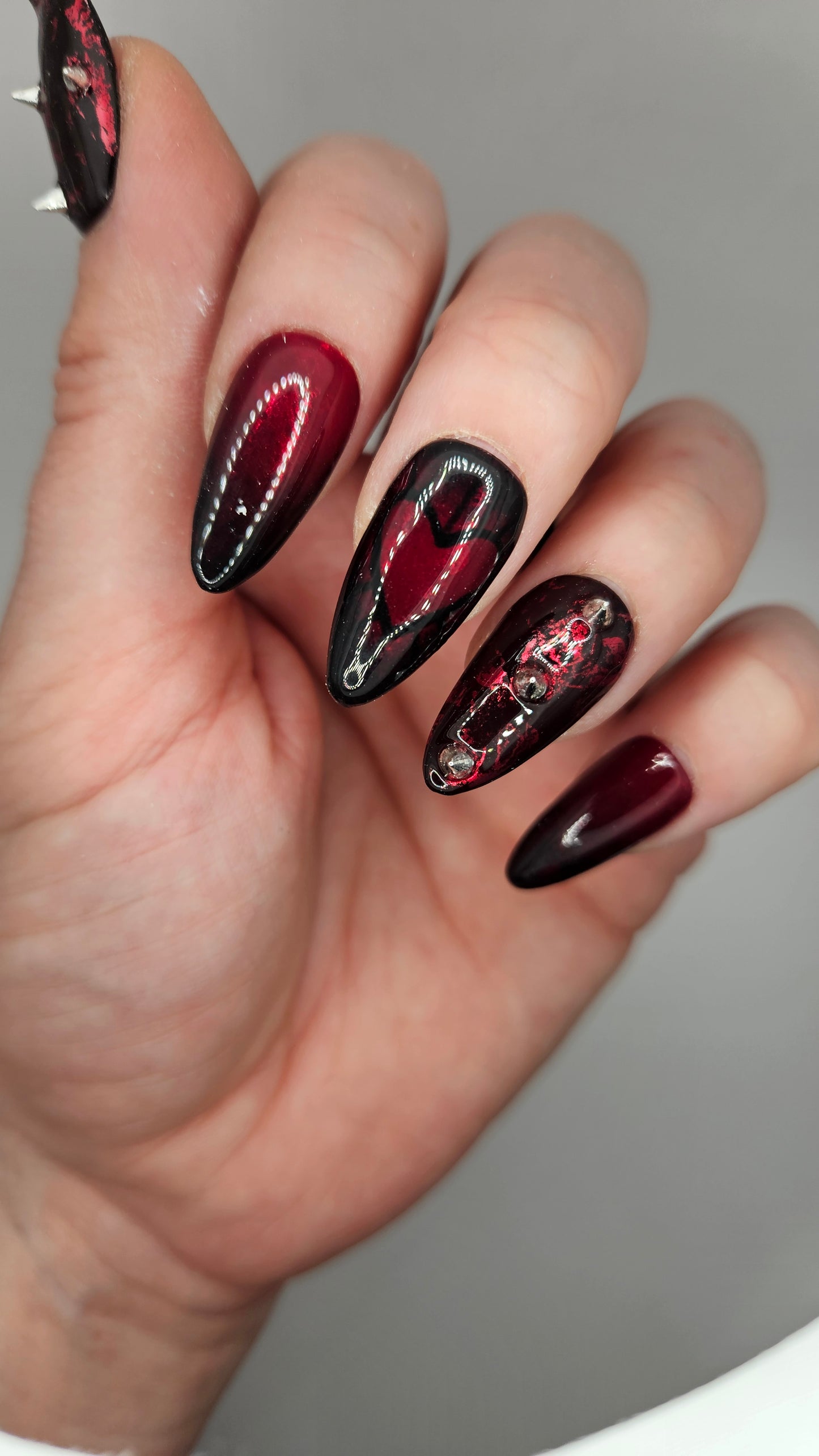 Red and Black Alt Nails With Moody Heart. Choose Nail Shape and Length