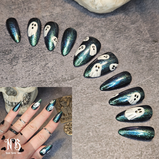 Halloween - Cute Ghosts on Glitter Blue/Green
