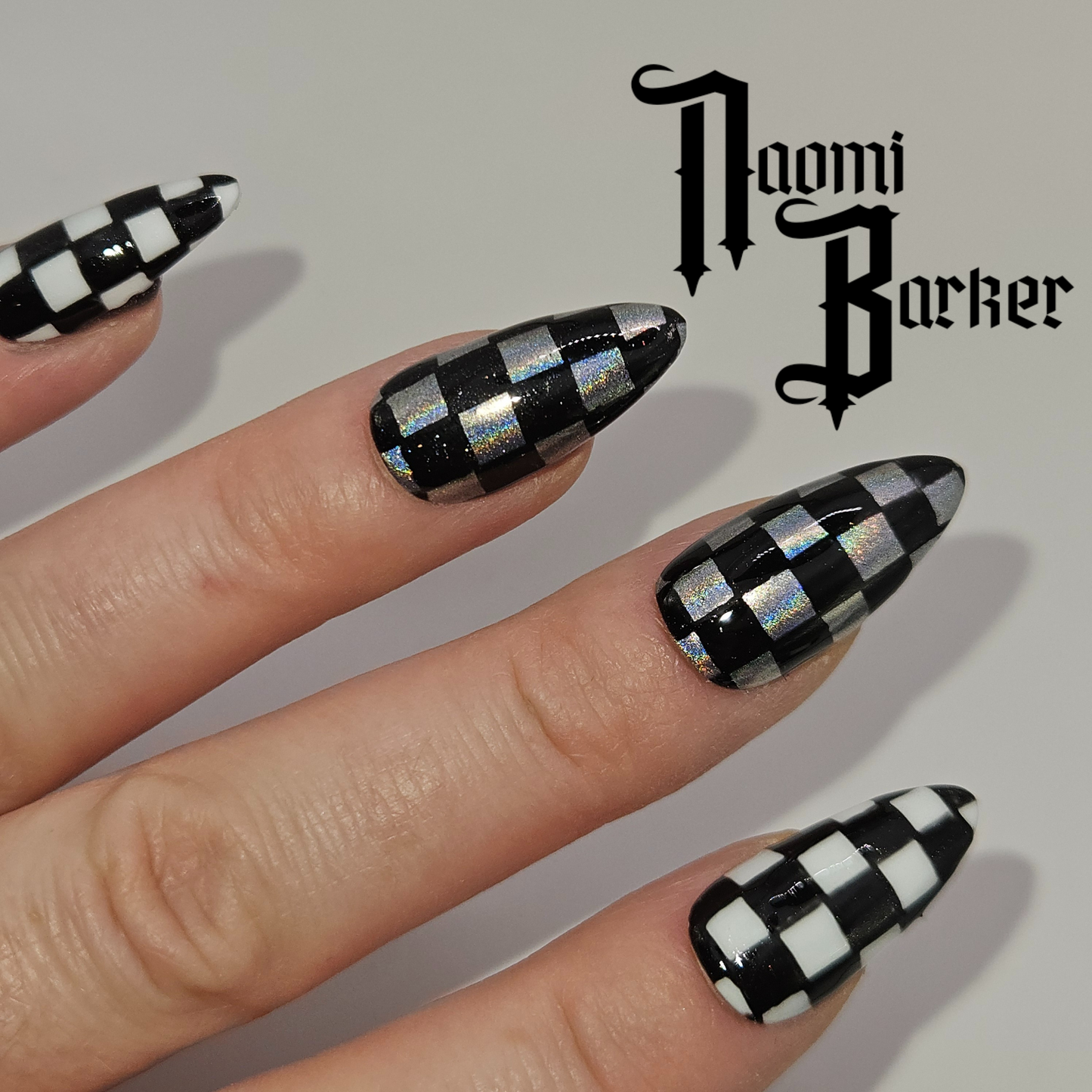 Holographic checkerboard Press on Nails. Choose Shape and Length