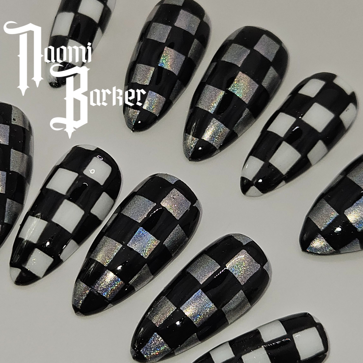 Holographic checkerboard Press on Nails. Choose Shape and Length