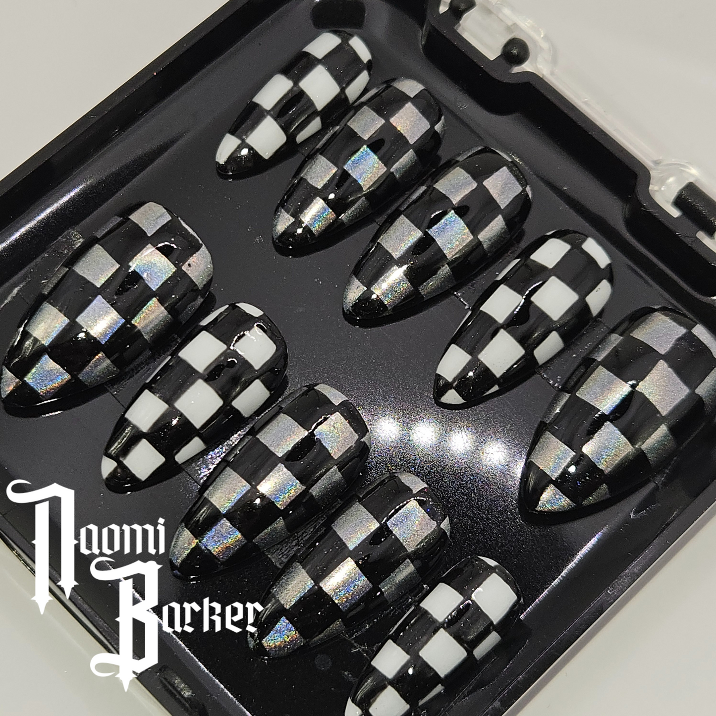 Holographic checkerboard Press on Nails. Choose Shape and Length