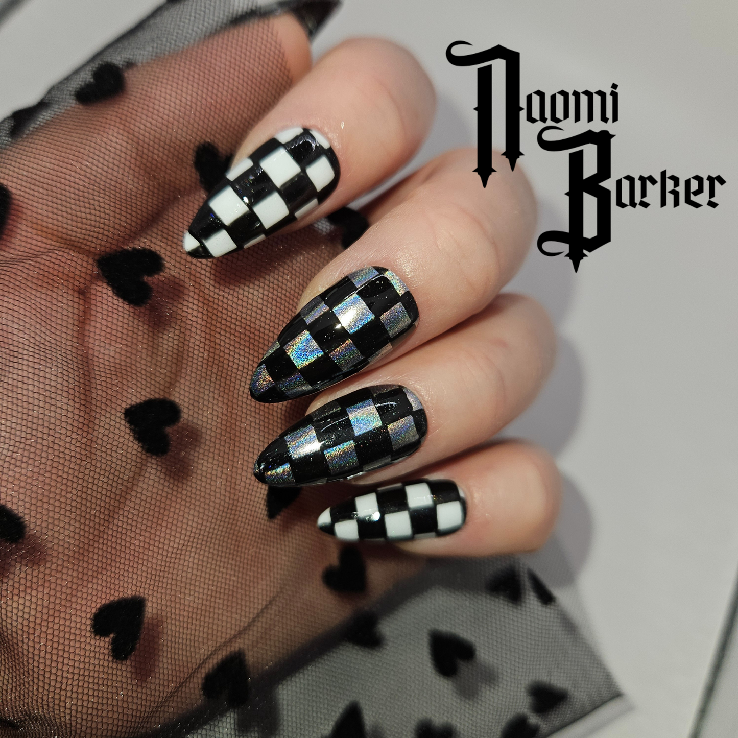 Holographic checkerboard Press on Nails. Choose Shape and Length