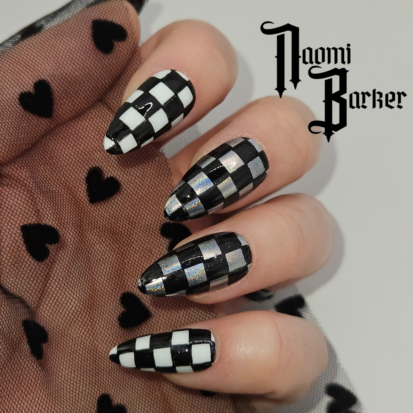 Holographic checkerboard Press on Nails. Choose Shape and Length
