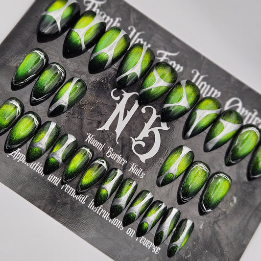 Ready to Ship - Green Cat Eye, Silver Design - Short Stiletto